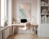 Helle, moderne homeoffice ideen: Schreibtisch mit PC, rosa Stuhl, Bücherregal und Kunstwerk.