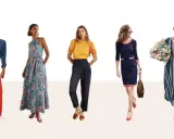Fünf Frauen präsentieren Outfits: weite rote Hose, geblümtes Maxikleid, gelbe Bluse mit dunklen Hosen, blaues Kleid mit roten Akzenten und gestreiftes Kleid. Passende schuhe zu kleidern runden den Look ab.