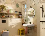 Moderne Badezimmer Ideen: Wand mit Tier- und Pflanzenmotiv, helle Fliesen, Waschbecken, Dusche, Spiegel mit Beleuchtung und gelber Hocker.