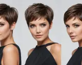 Drei Ansichten einer Frau mit einem modernen, braunen Pixie Cut und elegantem Make-up.