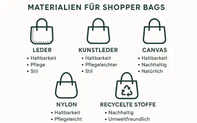 Materialien für Shopper Bags: Leder, Kunstleder, Canvas, Nylon und recycelte Stoffe. Was ist eine tote bag? Eine tote bag ist eine vielseitige Tasche aus diesen Materialien.