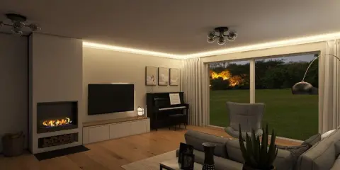 Gemütliches, modernes Wohnzimmer mit Kamin, Klavier und großem Fenster zum Garten.