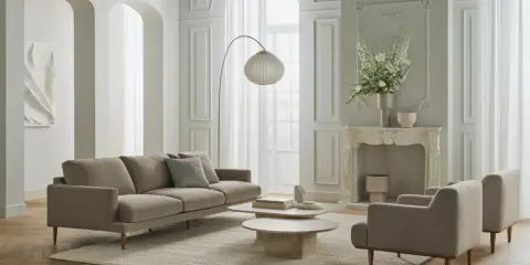 Ein minimalistisches Wohnzimmer mit beigem Sofa, zwei Sesseln, runden Couchtischen und einem Bogenlampenschirm.