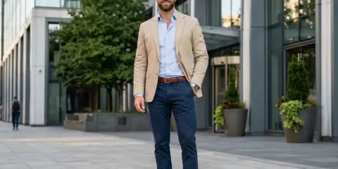 Ein Mann in einem hellbeigen Sakko und hellblauem Hemd, dazu dunkelblaue Hose. Ein klassischer Look, der immer passt.