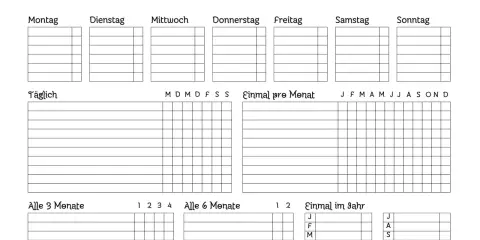 Übersichtlicher Putzplan Wohnung mit Feldern für tägliche, wöchentliche, monatliche und jährliche Reinigungsaufgaben.