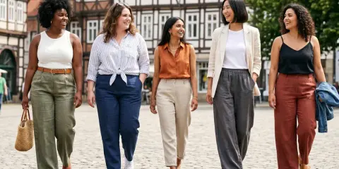 Fünf Frauen spazieren lächelnd über einen Platz. Sie zeigen, wie man Leinenhose kombinieren kann, in verschiedenen Farben und Styles.