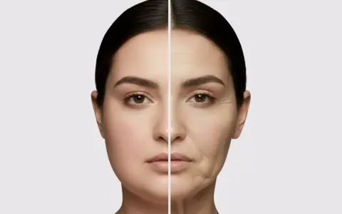 Gespaltenes Gesicht: links jugendlich, rechts gealtert mit Falten. Mögliche Nebenwirkung von Ozempic?