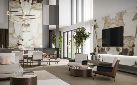 Moderne inspiration wohnzimmer einrichtung mit Marmor-Akzenten, Ringleuchten und bequemen Sitzmöbeln.