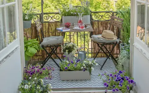 Gemütliche Balkon Ideen: Ein kleiner Tisch mit Getränken und Kirschen, zwei Stühle mit Kissen, Blumen und eine Gießkanne laden zum Verweilen ein.