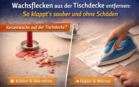 Kerzenwachs aus der Tischdecke entfernen: Links ein roter Wachsfleck mit Messer, rechts Bügeleisen auf Papier. So klappt's sauber.