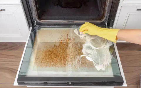 Gelbe Handschuhe reinigen mit Schaum die stark verschmutzte Backofentür.