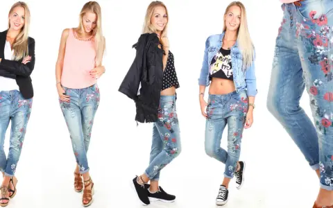Modische Outfits mit floral gemusterten Boyfriend Jeans kombinieren: lässig mit Blazer, süß mit Top oder rockig mit Jeansjacke.