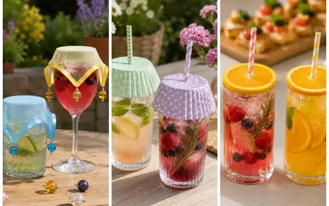 Schöne Cocktail Deko Ideen: Fruchtige Drinks mit Beeren, Zitrone und Minze, verziert mit bunten Bändern und Perlen.