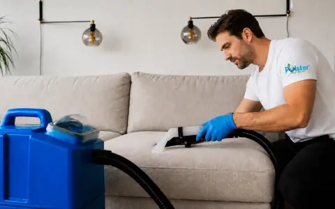 Mann mit blauen Handschuhen reinigt mit einem Sprühextraktionsgerät eine beige Couch.
