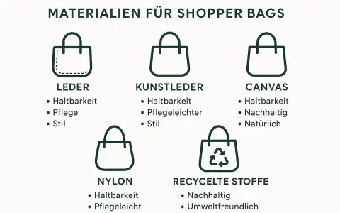 Materialien für Shopper Bags: Leder, Kunstleder, Canvas, Nylon und recycelte Stoffe. Was ist eine tote bag? Eine tote bag ist eine vielseitige Tasche aus diesen Materialien.