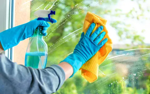 Blaue Handschuhe sprühen Reinigungsmittel auf ein Fenster, um es zu putzen. Ein gelbes Tuch wischt die Seifenblasen weg.