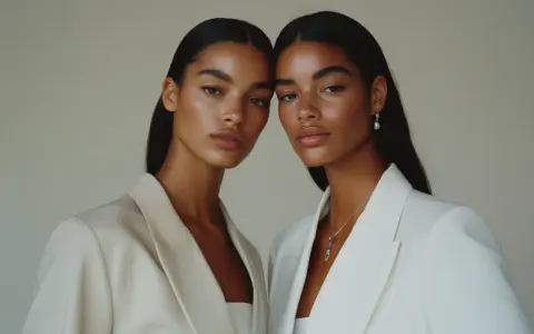 Zwei Models mit makelloser Haut und glänzendem Haar, im Stil einer "clean girl", tragen elegante Blazer.