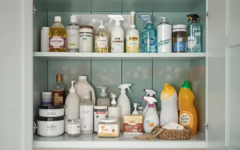 Omas Haushaltstipps: Eine Sammlung von Reinigungsmitteln in einem Schrank, von Sprühflaschen bis zu großen Behältern.