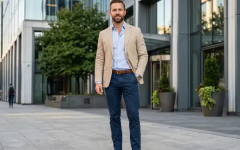 Ein Mann in einem hellbeigen Sakko und hellblauem Hemd, dazu dunkelblaue Hose. Ein klassischer Look, der immer passt.