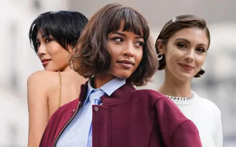 Drei Frauen mit stilvollen Scandi Bob Frisuren. Eine mit kurzem schwarzen Haar, eine mit braunem Bob und Pony, und eine mit elegant zurückgestecktem Haar.