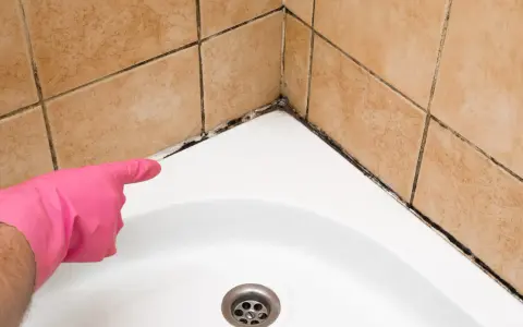 Mit rosa Handschuh wird auf stark verschmutzte Dusche reinigen hingewiesen. Schimmel und Dreck in den Fugen.