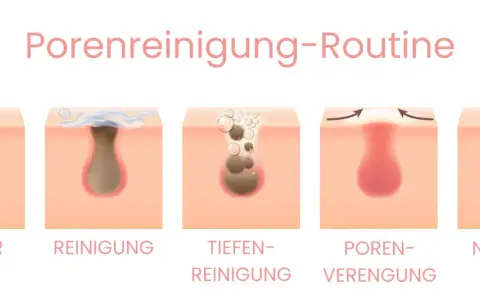 Illustration zeigt die Schritte einer Porenreinigung, wie Mitesser entfernen Hausmittel helfen können, die Poren zu verengen und zu reinigen.