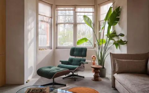 Gemütliche Ecke im midcentury stil mit einem grünen Cord-Sessel und Hocker, daneben eine große Zimmerpflanze und ein Beistelltisch.