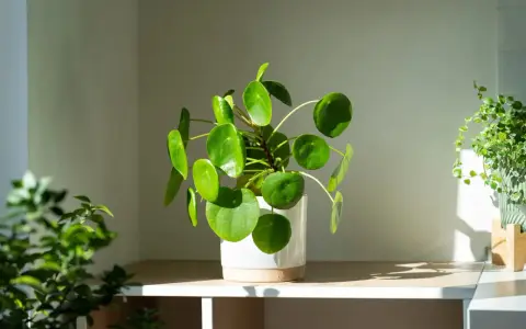 Grüne Pflanzen im Schlafzimmer: Eine chinesische Geldbaum-Pilea und eine hängende Pflanze bringen Frische.