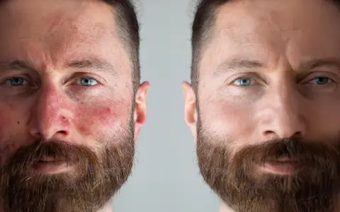 Vorher-Nachher-Vergleich: Ein Gesicht mit Couperose und Rötungen wird mit einem klaren, ebenmäßigen Hautbild gezeigt.