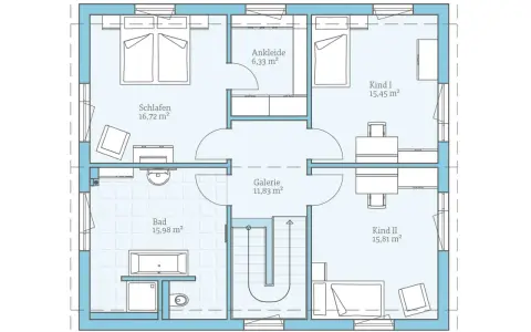 Grundriss mit Schlafzimmer, Bad, Ankleide und zwei Kinderzimmern. Tolle ankleidezimmer ideen für mehr Ordnung.