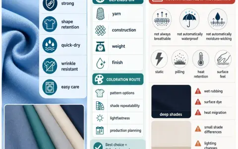 Polyester-Nachteile: Nicht immer atmungsaktiv, statisch, Pilling, Wärme speichernd. Stoffe können sich bei Nässe verändern.