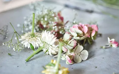 Zutaten für einen Blumenkranz: weiße Blüten, rosa Hortensien und zarte Schleierkräuter liegen bereit.