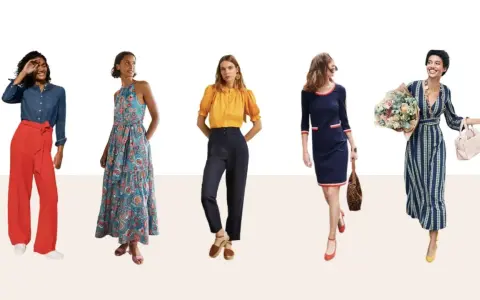 Fünf Frauen präsentieren Outfits: weite rote Hose, geblümtes Maxikleid, gelbe Bluse mit dunklen Hosen, blaues Kleid mit roten Akzenten und gestreiftes Kleid. Passende schuhe zu kleidern runden den Look ab.