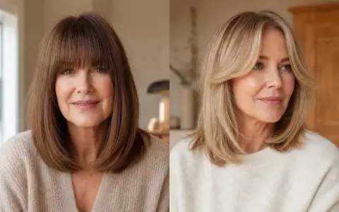 Zwei Frauen mit unterschiedlichen Frisuren: links eine Frau mit braunem Haar und Birkin Bangs, rechts eine Frau mit blonden Haaren und Curtain Bangs.