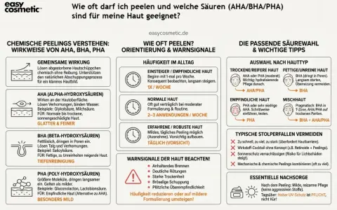 Infografik erklärt, wie oft man peelings mit aha, bha, pha anwenden kann und welche säuren für welchen hauttyp geeignet sind.