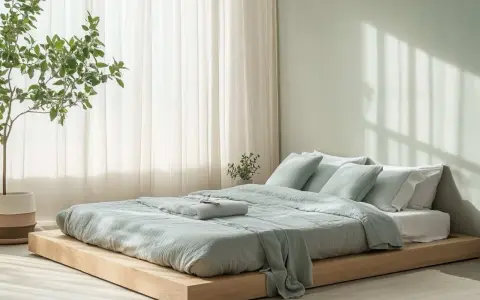Ein ruhiges Schlafzimmer mit einem niedrigen Holzbett, bedeckt mit hellgrüner Bettwäsche. Die Wandfarbe und die Textilien harmonieren perfekt für ein Feng Shui Schlafzimmer.