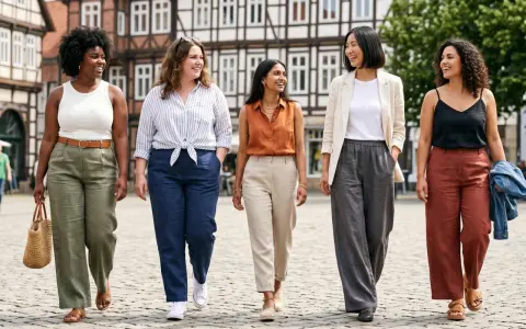 Fünf Frauen spazieren lächelnd über einen Platz. Sie zeigen, wie man Leinenhose kombinieren kann, in verschiedenen Farben und Styles.