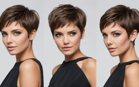 Drei Ansichten einer Frau mit einem modernen, braunen Pixie Cut und elegantem Make-up.