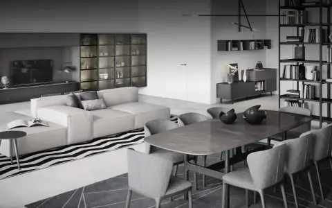 Modernes wohn esszimmer mit beiger Couch, Esstisch und Bücherregalen.