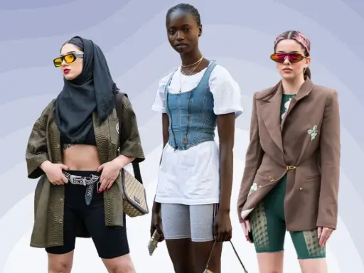Drei Frauen zeigen, wie man eine Radlerhose kombiniert: mit Oversize-Jacke, Jeans-Korsett oder schickem Blazer.