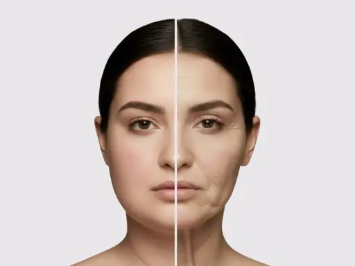 Gespaltenes Gesicht: links jugendlich, rechts gealtert mit Falten. Mögliche Nebenwirkung von Ozempic?