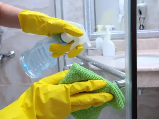 Hände in gelben Handschuhen sprühen Reinigungsmittel auf eine Duschkabine und wischen sie mit einem grünen Tuch ab.