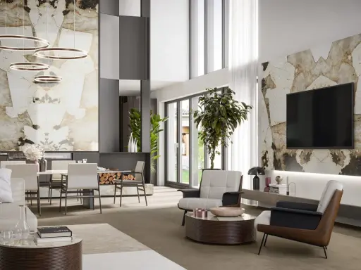 Moderne inspiration wohnzimmer einrichtung mit Marmor-Akzenten, Ringleuchten und bequemen Sitzmöbeln.