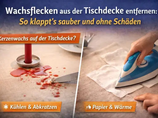 Kerzenwachs aus der Tischdecke entfernen: Links ein roter Wachsfleck mit Messer, rechts Bügeleisen auf Papier. So klappt's sauber.