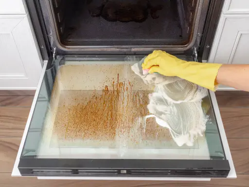 Gelbe Handschuhe reinigen mit Schaum die stark verschmutzte Backofentür.