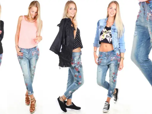 Modische Outfits mit floral gemusterten Boyfriend Jeans kombinieren: lässig mit Blazer, süß mit Top oder rockig mit Jeansjacke.