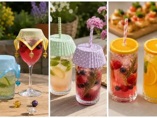Schöne Cocktail Deko Ideen: Fruchtige Drinks mit Beeren, Zitrone und Minze, verziert mit bunten Bändern und Perlen.
