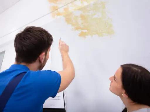 Mann prüft Stockflecken an der Wand, um sie zu entfernen. Eine Frau schaut besorgt zu.