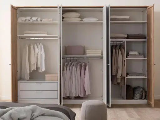 Ein offener Kleiderschrank, bereit zum Ausmisten. Ordentlich sortierte Kleidung auf Kleiderbügeln und gefaltete Textilien auf den Regalen.