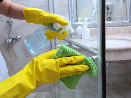 Hände in gelben Handschuhen sprühen Reinigungsmittel auf die Duschkabine, um Kalkflecken am Glas zu entfernen.